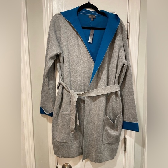 NWT The Limited Gray Turquoise Knit Wrap Front Hooded Belted Cardigan Size XL - Picture 1 of 12
